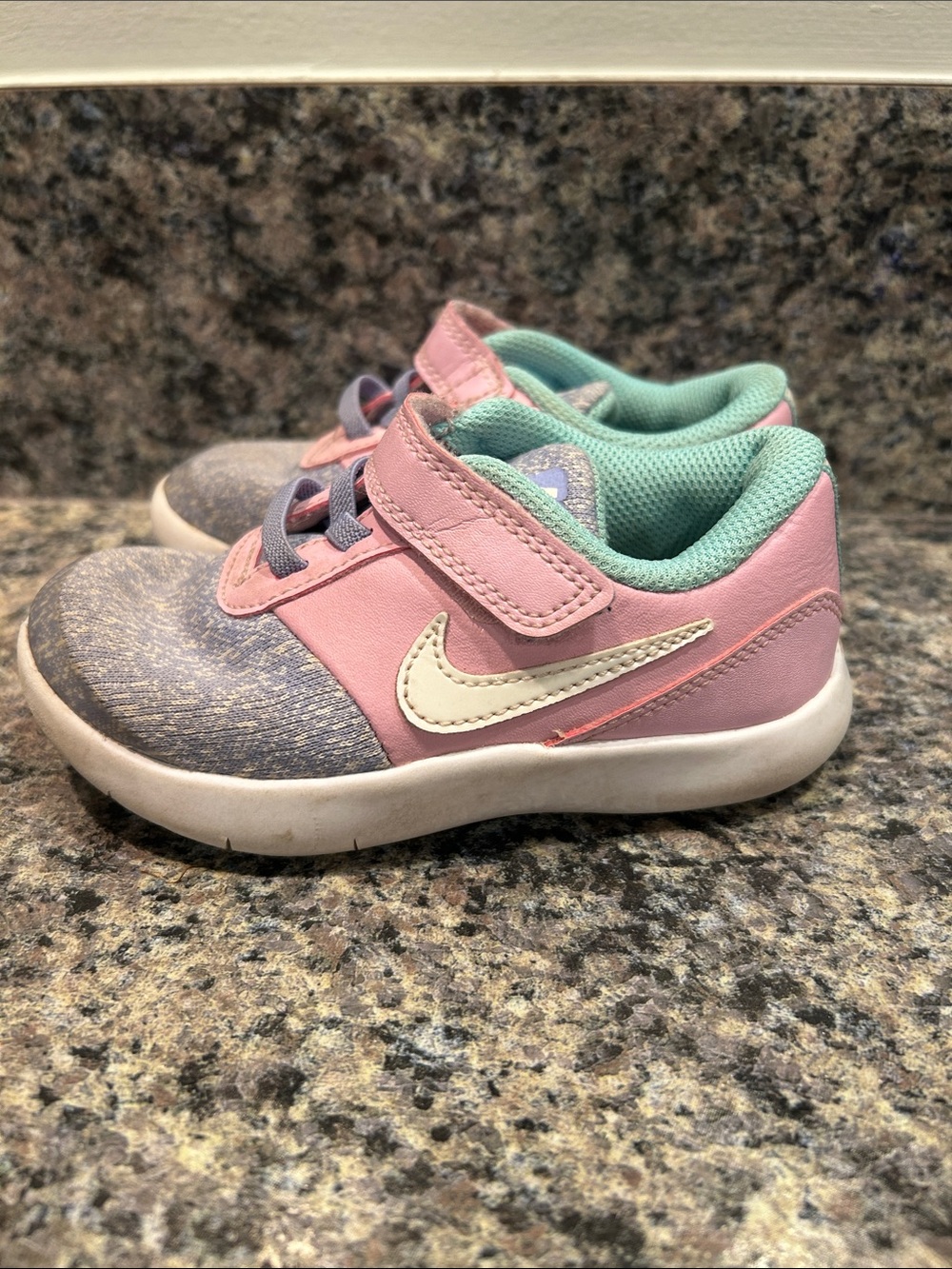 Nike Kids Pink and Mint Low-Top Sneakers with White Swoosh